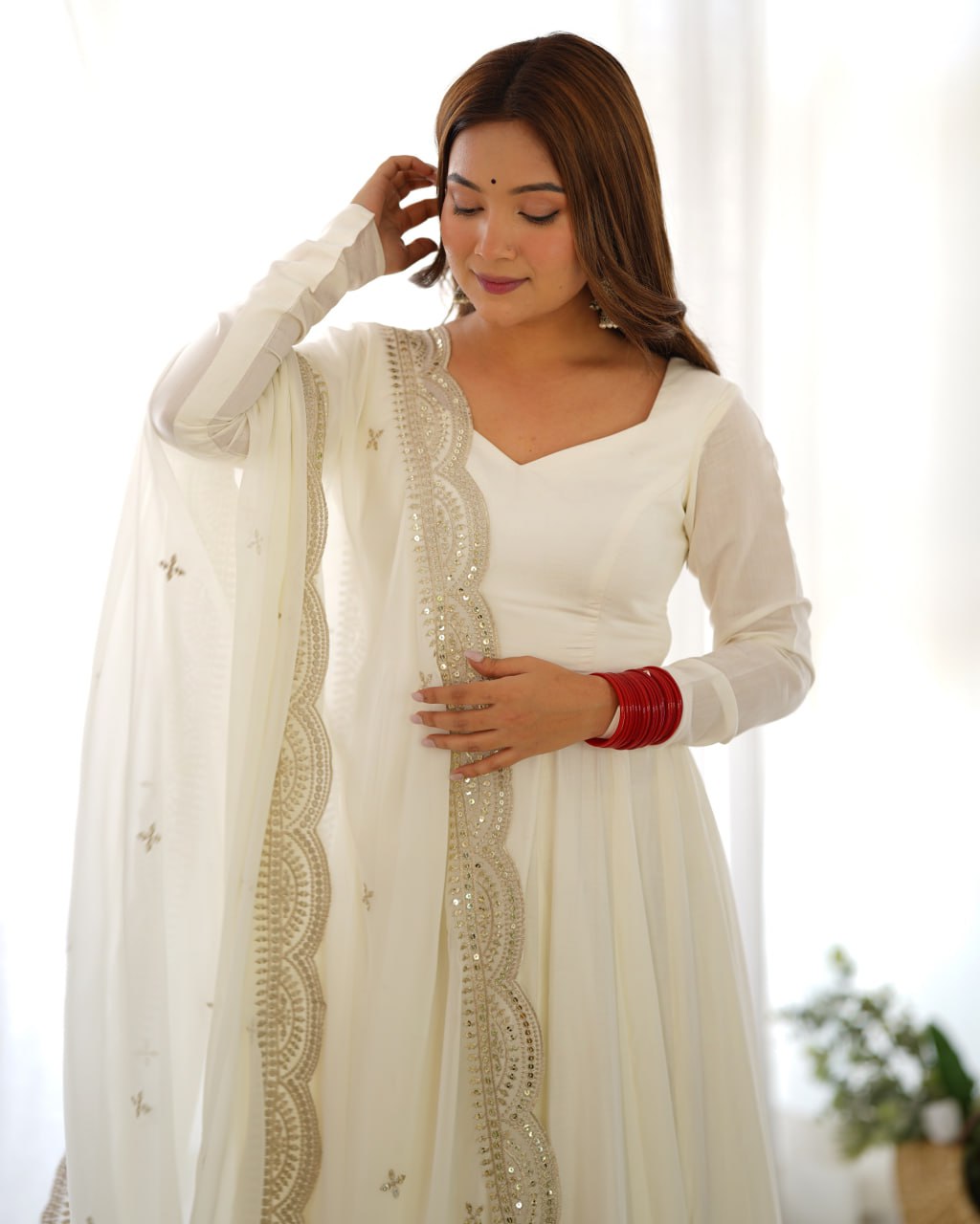 OFF White Premium Roman Anarkali Set with Dupatta – Festive & Wedding