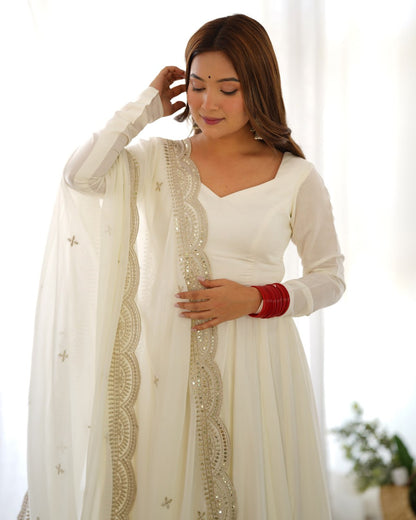 OFF White Premium Roman Anarkali Set with Dupatta – Festive & Wedding