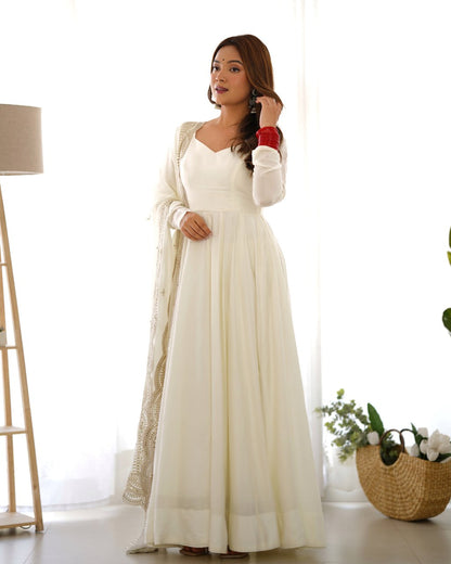 OFF White Premium Roman Anarkali Set with Dupatta – Festive & Wedding