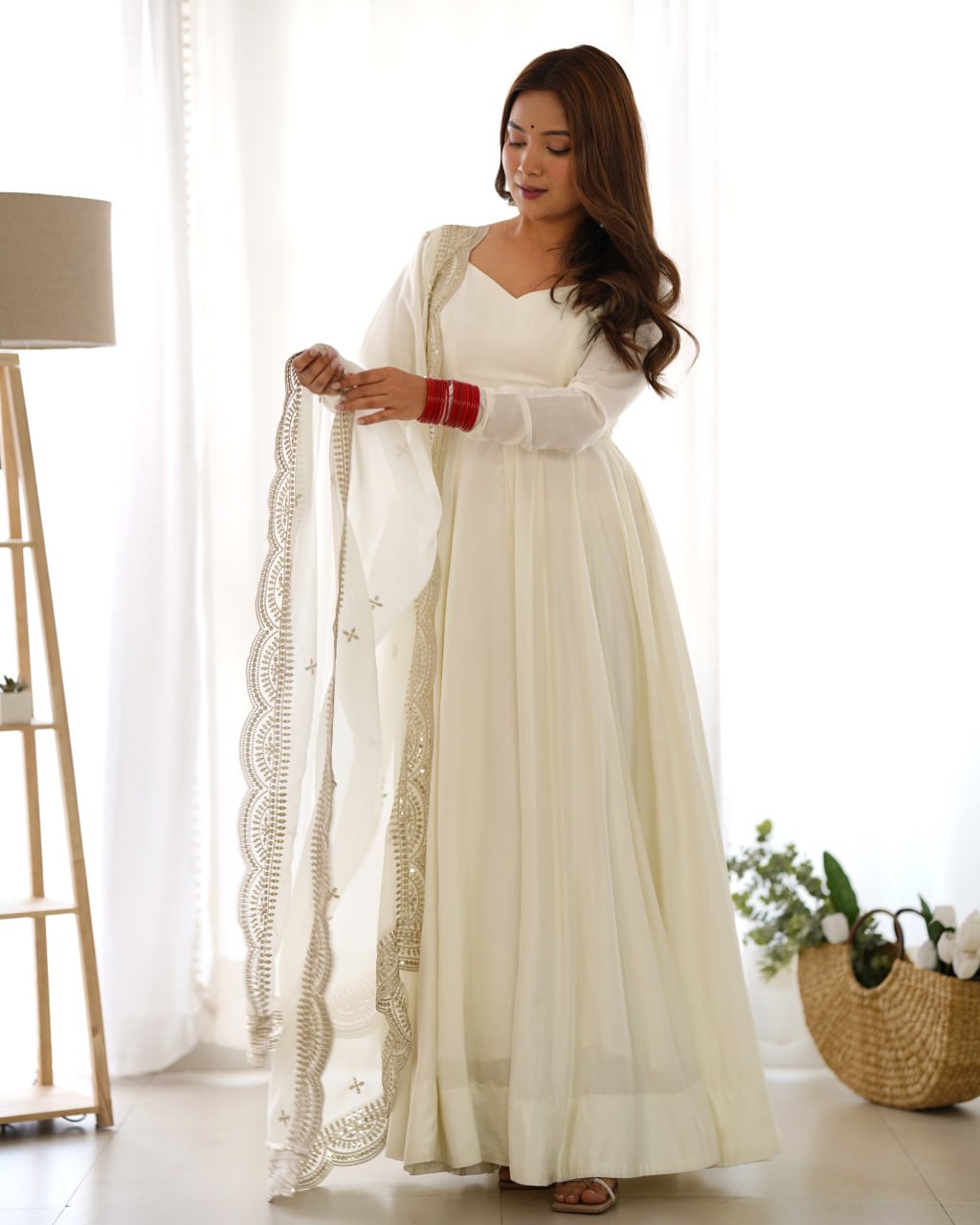 OFF White Premium Roman Anarkali Set with Dupatta – Festive & Wedding