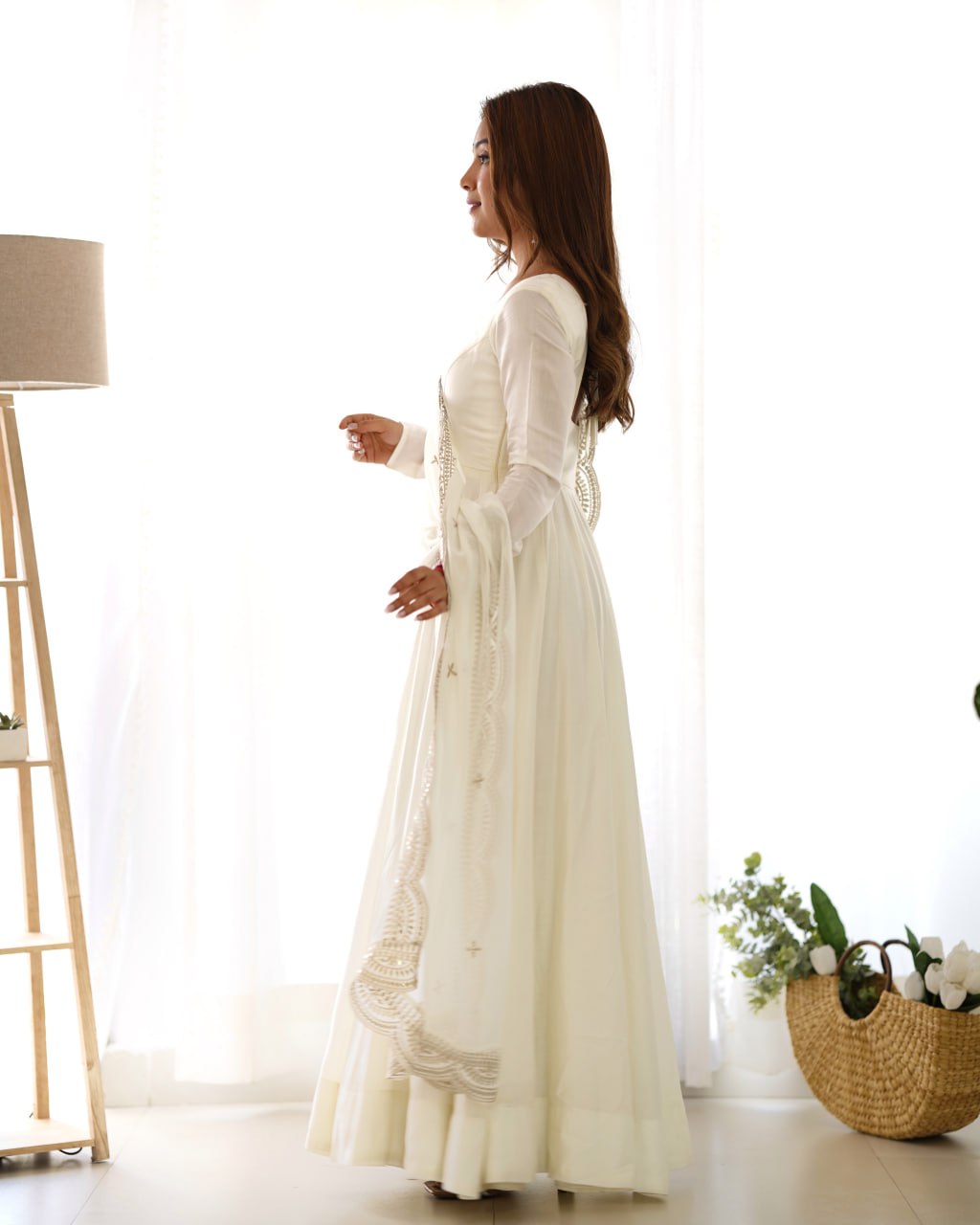 OFF White Premium Roman Anarkali Set with Dupatta – Festive & Wedding