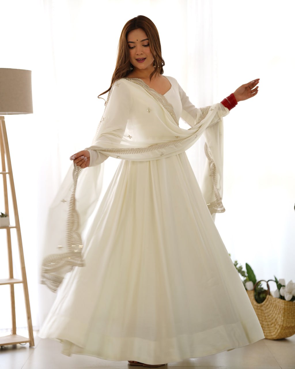 OFF White Premium Roman Anarkali Set with Dupatta – Festive & Wedding