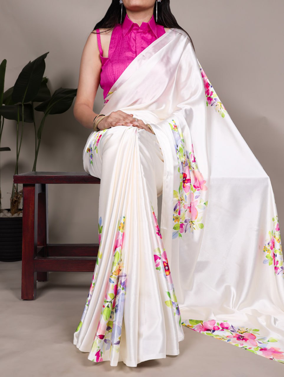 Off White Satin Silk Printed Saree with Fabric Elegant Banglory Blouse