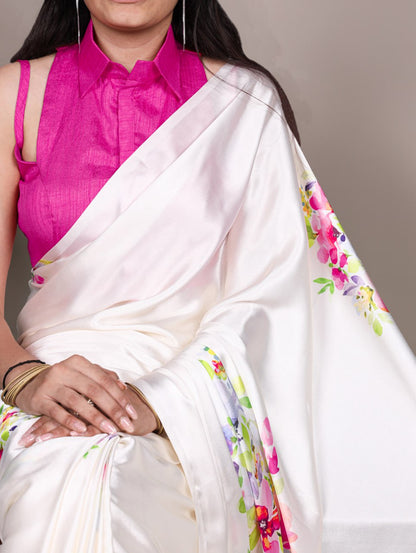 Off White Satin Silk Printed Saree with Fabric Elegant Banglory Blouse