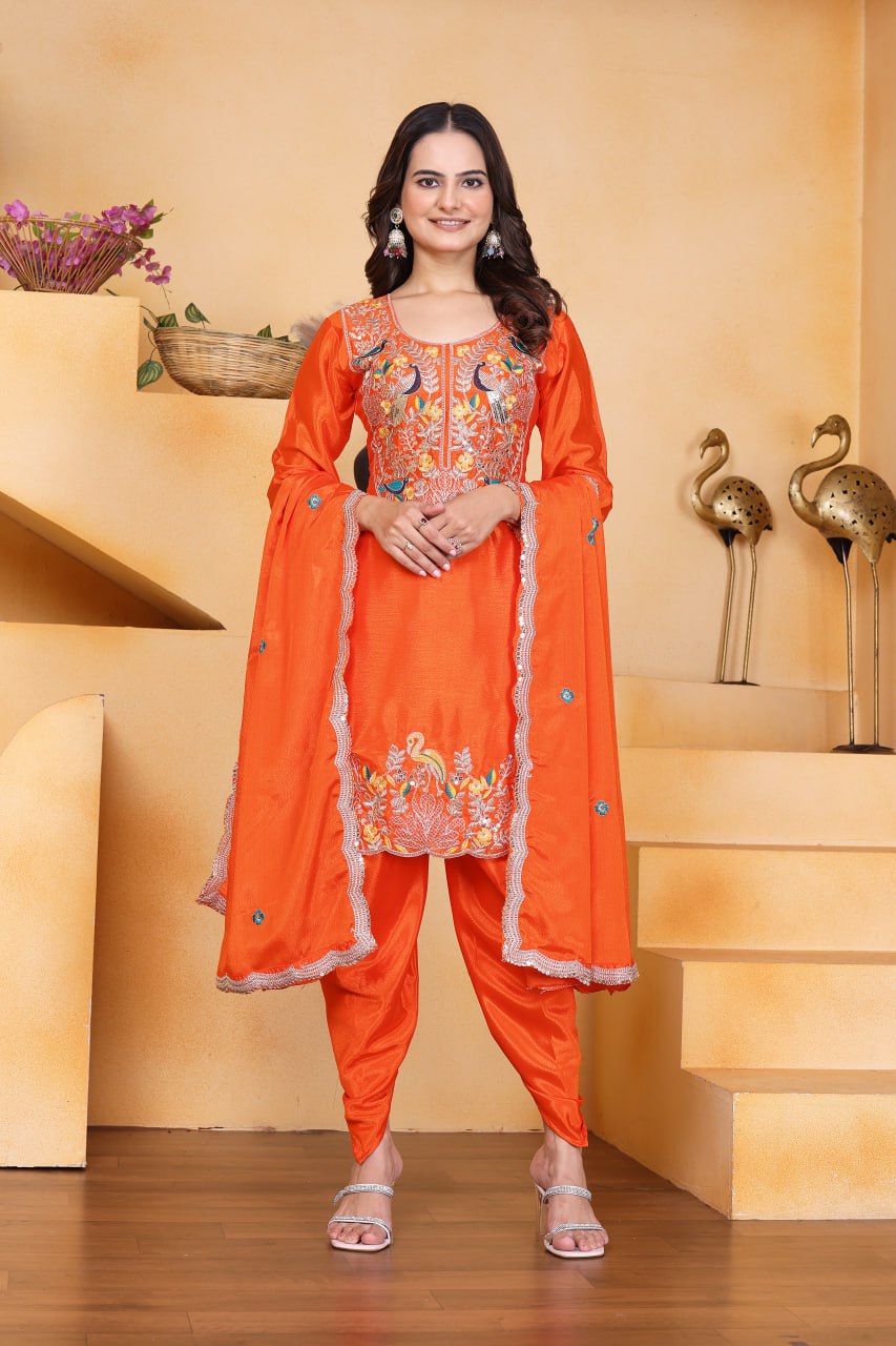 Orange Designer Chinon Dhoti Suit with Coding Sequins Embroidery