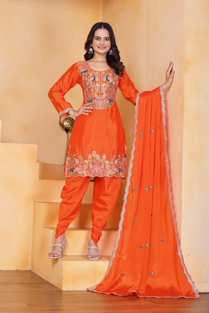 Orange Designer Chinon Dhoti Suit with Coding Sequins Embroidery