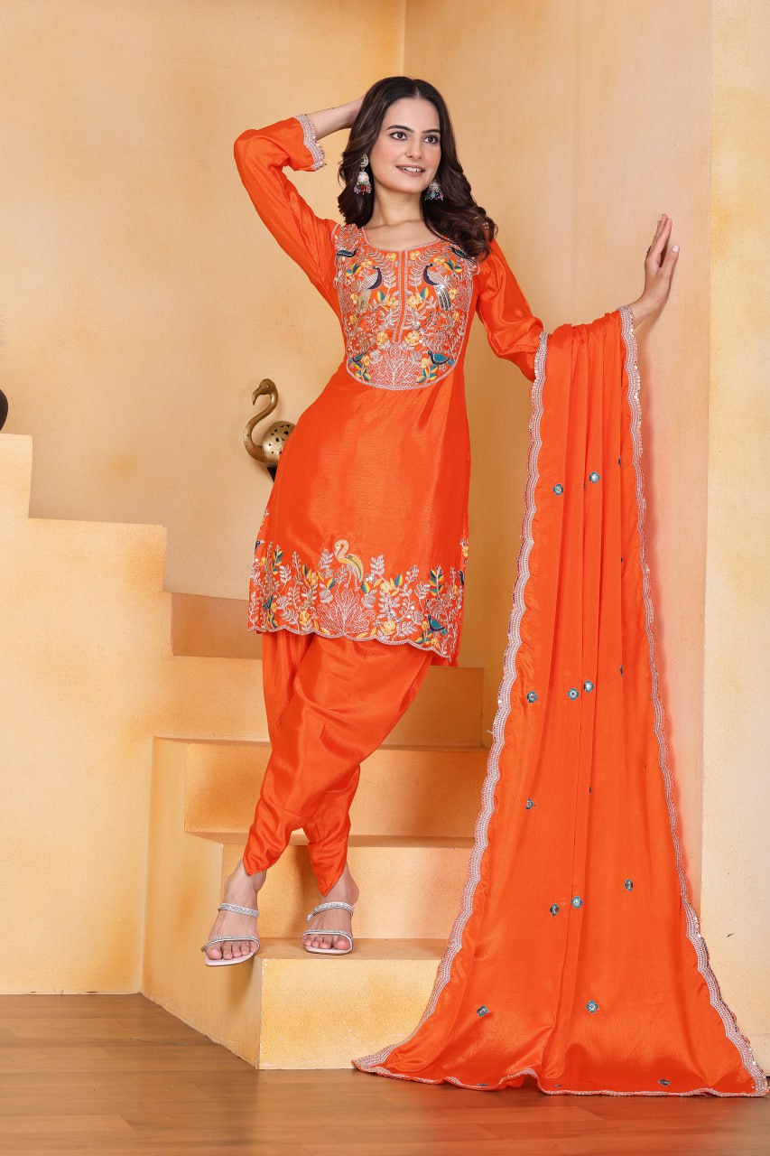 Orange Designer Chinon Dhoti Suit with Coding Sequins Embroidery