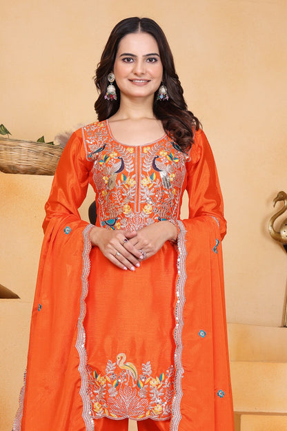 Orange Designer Chinon Dhoti Suit with Coding Sequins Embroidery