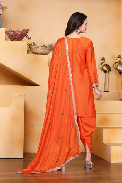 Orange Designer Chinon Dhoti Suit with Coding Sequins Embroidery