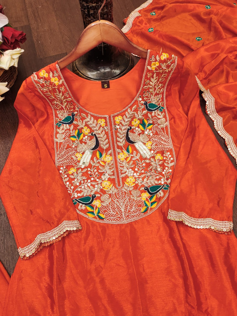 Orange Designer Chinon Dhoti Suit with Coding Sequins Embroidery