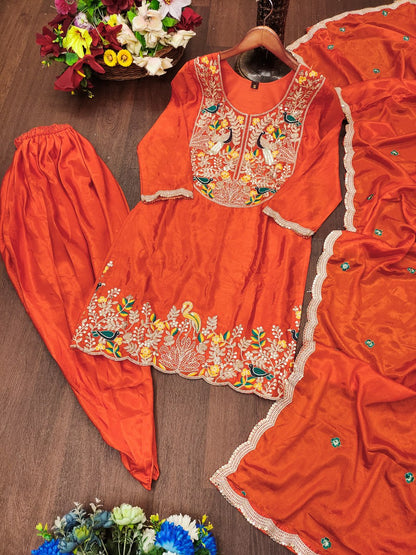 Orange Designer Chinon Dhoti Suit with Coding Sequins Embroidery