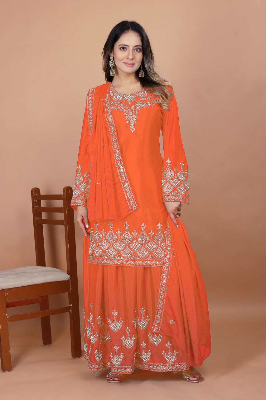 Orange Designer Chinon Sharara Suit with Rivet Moti Embroidery 