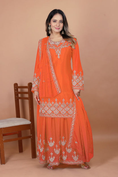 Orange Designer Chinon Sharara Suit with Rivet Moti Embroidery 