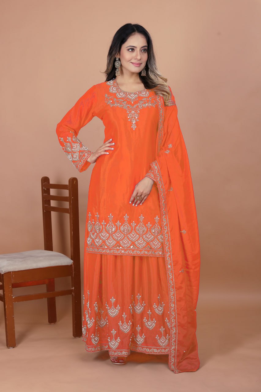 Orange Designer Chinon Sharara Suit with Rivet Moti Embroidery 