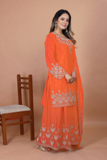 Orange Designer Chinon Sharara Suit with Rivet Moti Embroidery 