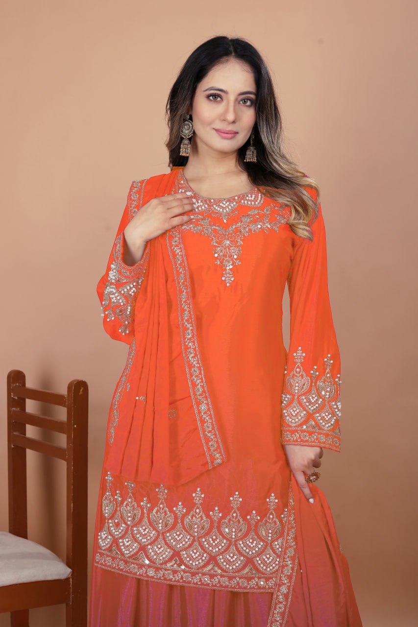 Orange Designer Chinon Sharara Suit with Rivet Moti Embroidery 