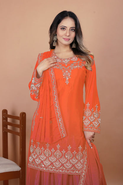 Orange Designer Chinon Sharara Suit with Rivet Moti Embroidery 