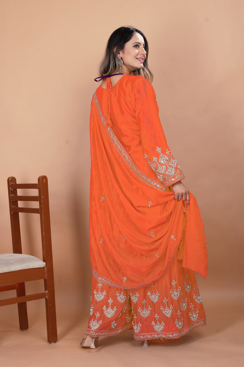 Orange Designer Chinon Sharara Suit with Rivet Moti Embroidery 