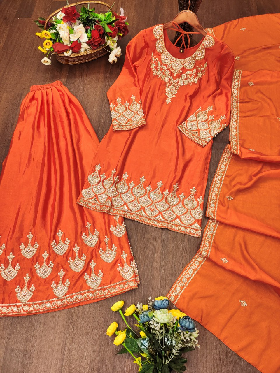 Orange Designer Chinon Sharara Suit with Rivet Moti Embroidery 