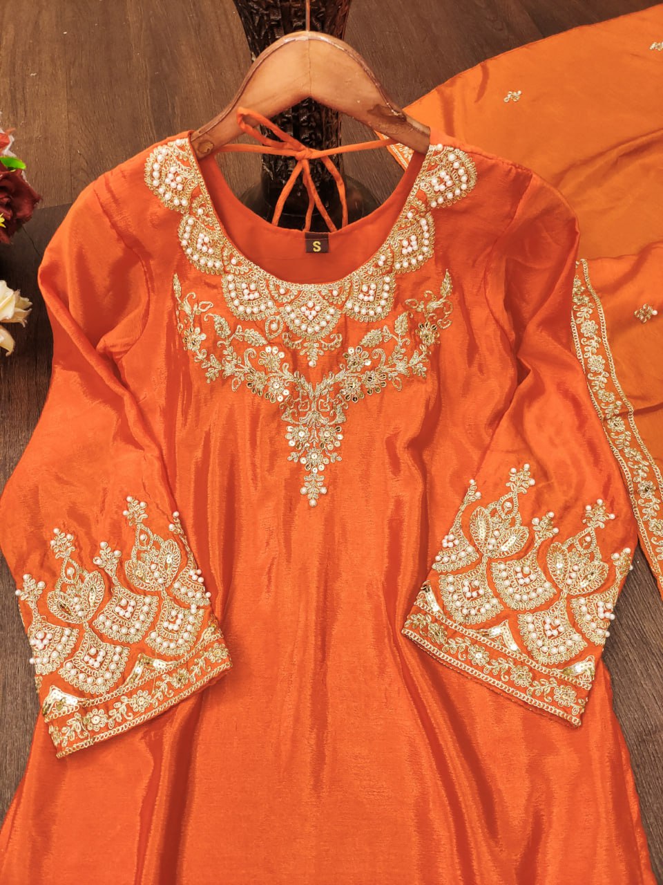 Orange Designer Chinon Sharara Suit with Rivet Moti Embroidery 