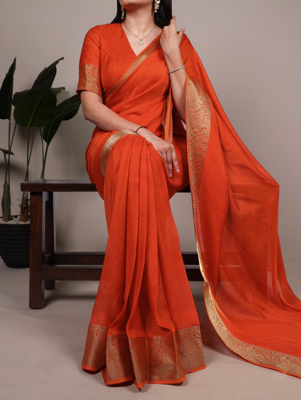 Orange Marsh Mello Zari Weaving Saree with Matching Blouse