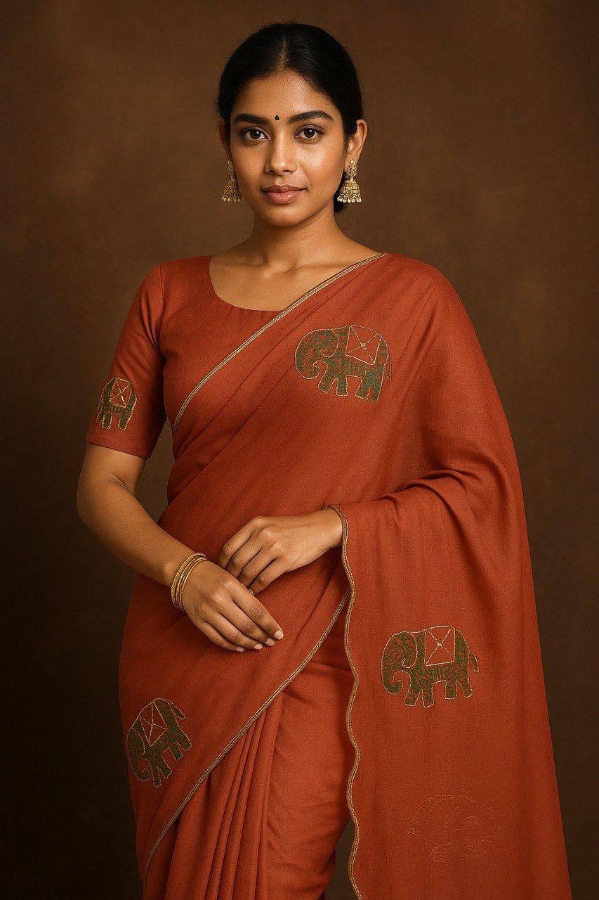 Orange Pure Organza Elephant Motif Val Saree with Thread Handwork Border