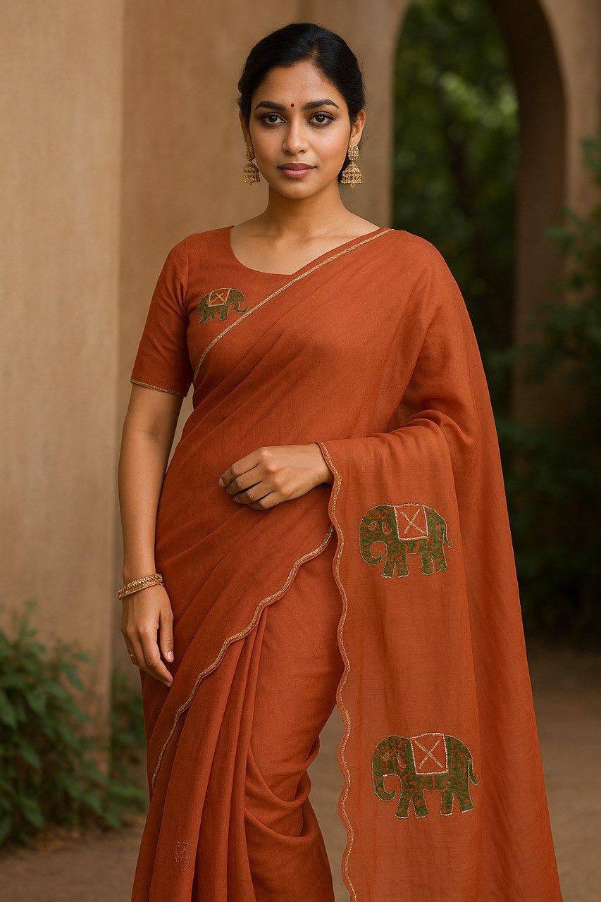 Orange Pure Organza Elephant Motif Val Saree with Thread Handwork Border