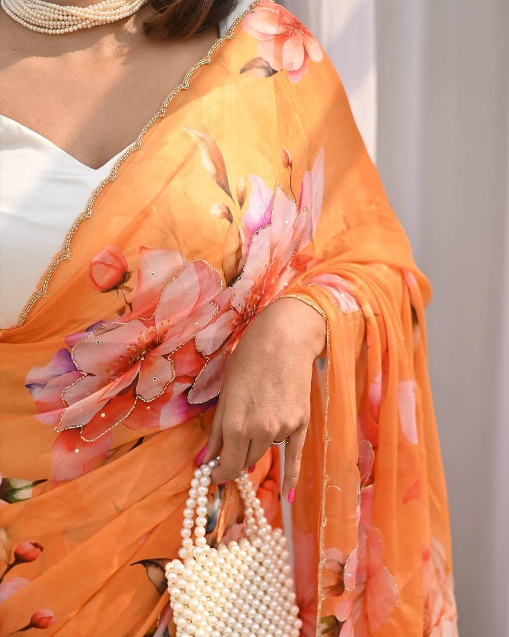 Orange Tebi Silk Digital Printed Saree with Handwork Satin Silk Blouse