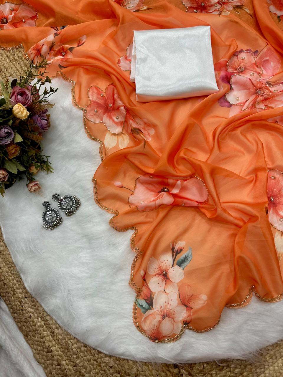 Orange Tebi Silk Digital Printed Saree with Handwork Satin Silk Blouse