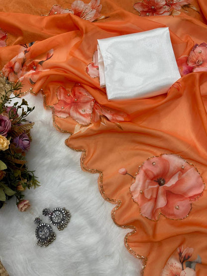 Orange Tebi Silk Digital Printed Saree with Handwork Satin Silk Blouse