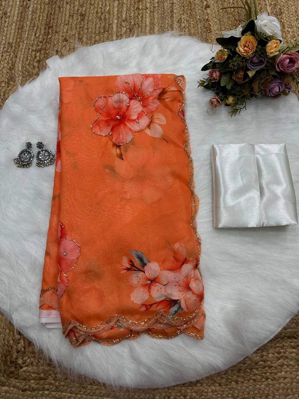 Orange Tebi Silk Digital Printed Saree with Handwork Satin Silk Blouse