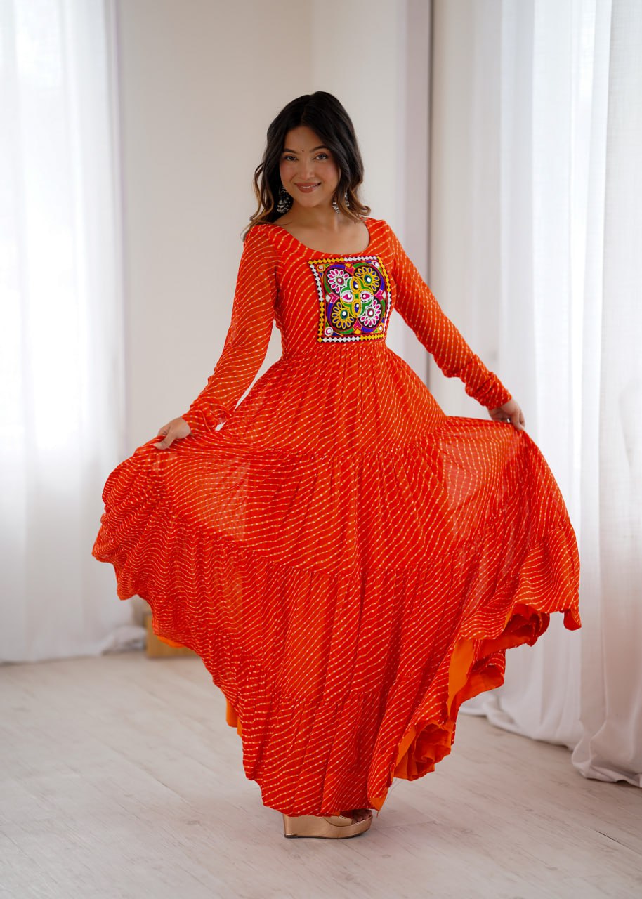  ORANGE Vibrant Laheriya Print Georgette Anarkali Gown Dress