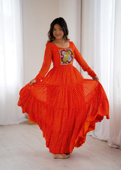  ORANGE Vibrant Laheriya Print Georgette Anarkali Gown Dress