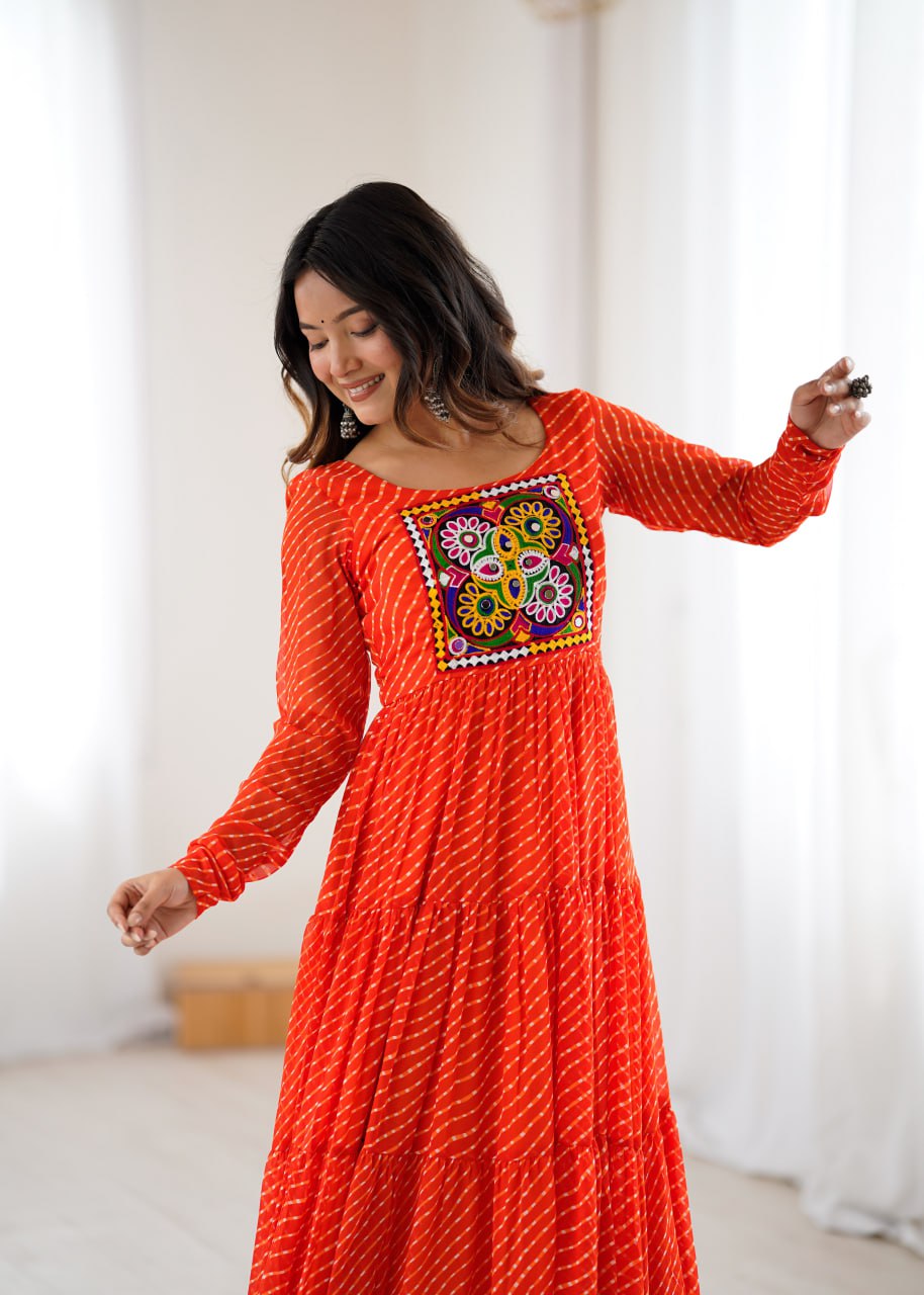  ORANGE Vibrant Laheriya Print Georgette Anarkali Gown Dress