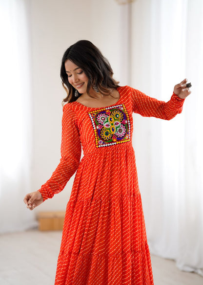  ORANGE Vibrant Laheriya Print Georgette Anarkali Gown Dress