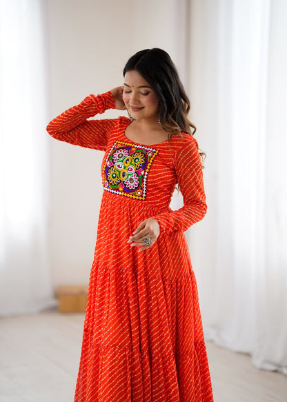  ORANGE Vibrant Laheriya Print Georgette Anarkali Gown Dress