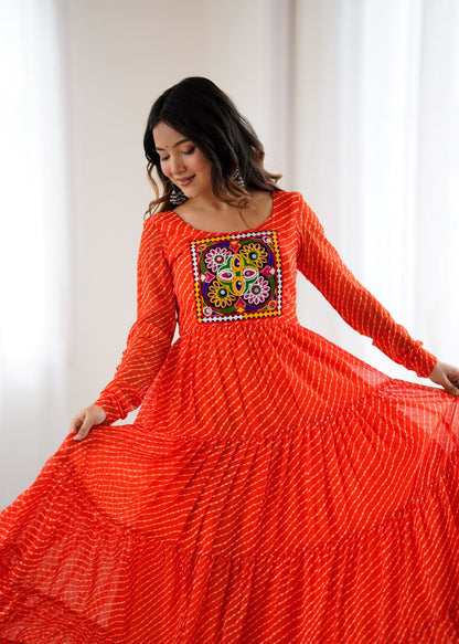  ORANGE Vibrant Laheriya Print Georgette Anarkali Gown Dress