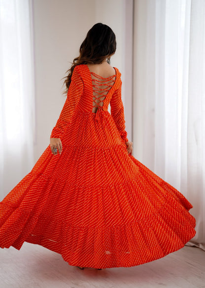  ORANGE Vibrant Laheriya Print Georgette Anarkali Gown Dress