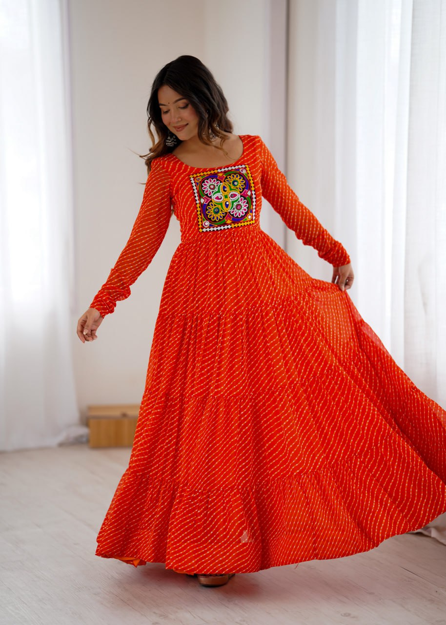  ORANGE Vibrant Laheriya Print Georgette Anarkali Gown Dress