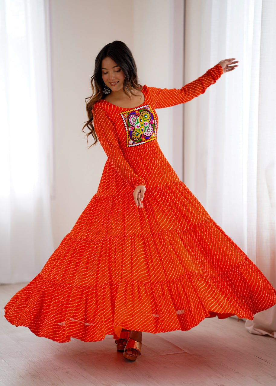 ORANGE Vibrant Laheriya Print Georgette Anarkali Gown Dress