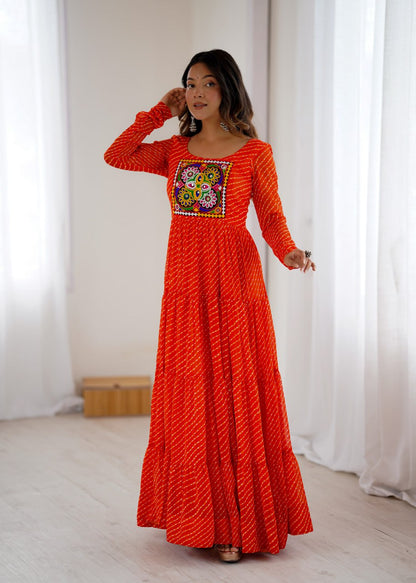  ORANGE Vibrant Laheriya Print Georgette Anarkali Gown Dress