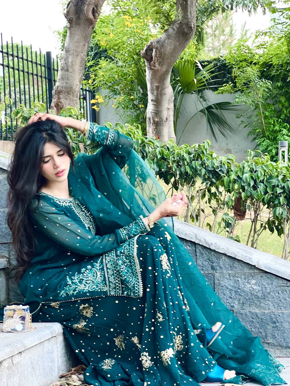 Pakistani Dress in Green Georgette With Sequence Embroidery Pakistani Suit