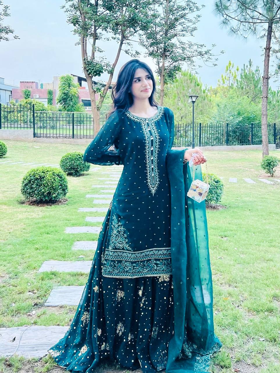 Pakistani Dress in Green Georgette With Sequence Embroidery Pakistani Suit