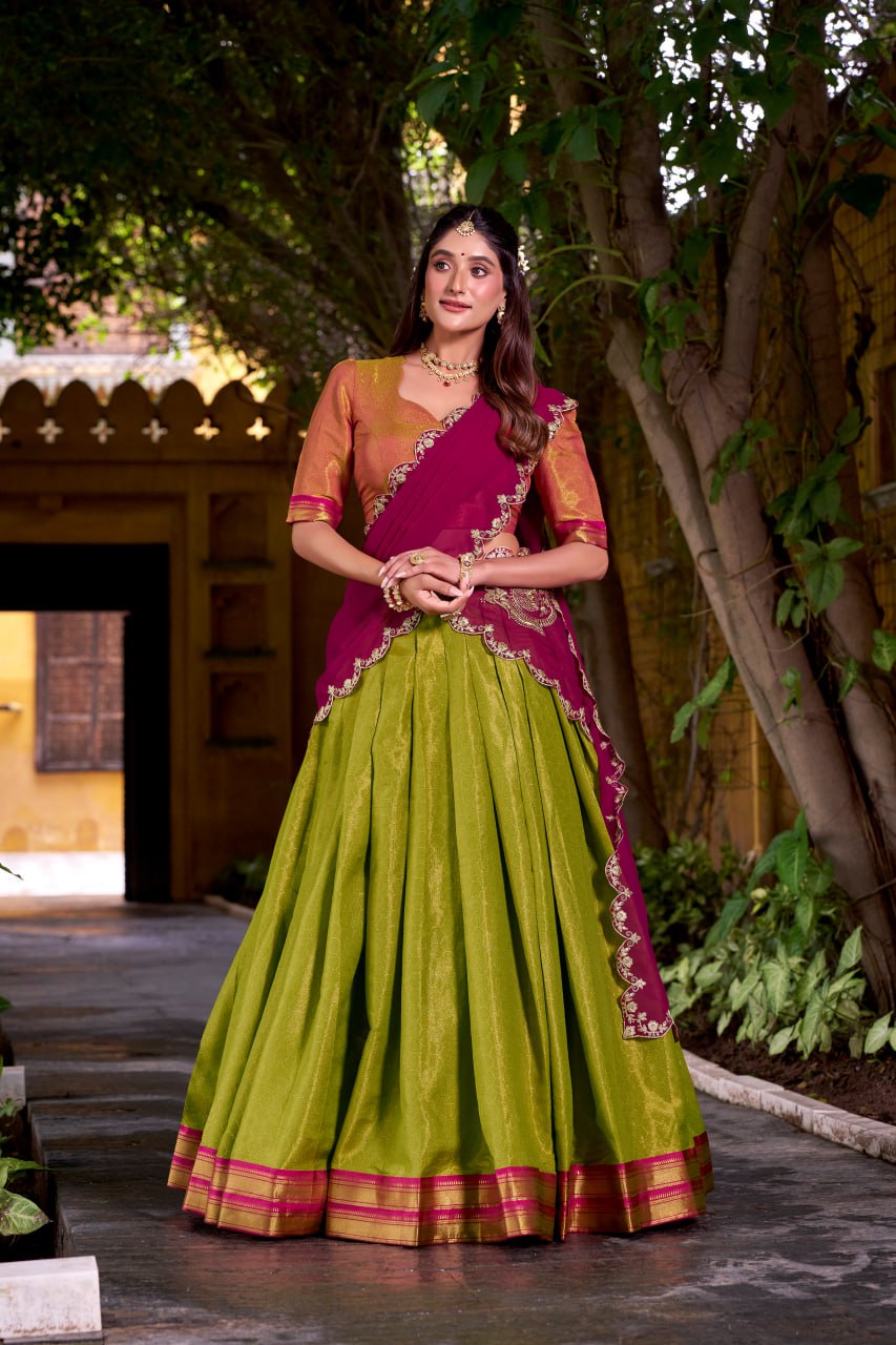 Pista Green Kanchipuram Zari Weaving Royal Festive Lehenga Choli