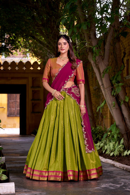 Pista Green Kanchipuram Zari Weaving Royal Festive Lehenga Choli