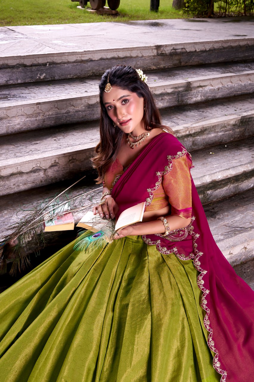 Pista Green Kanchipuram Zari Weaving Royal Festive Lehenga Choli