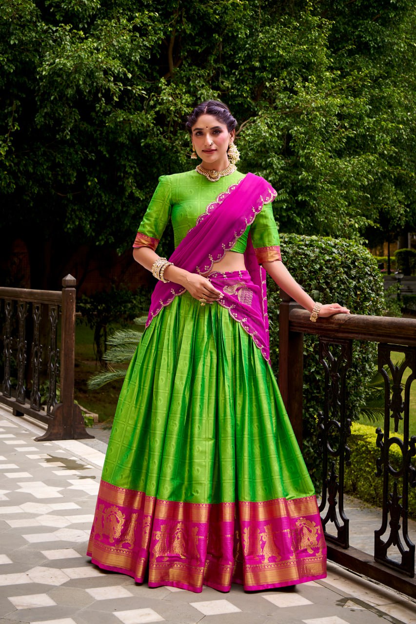 Parrot Green Poly Cotton Zari Weaving Half Saree Lehenga Choli Set