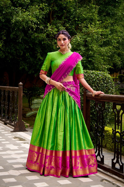 Parrot Green Poly Cotton Zari Weaving Half Saree Lehenga Choli Set