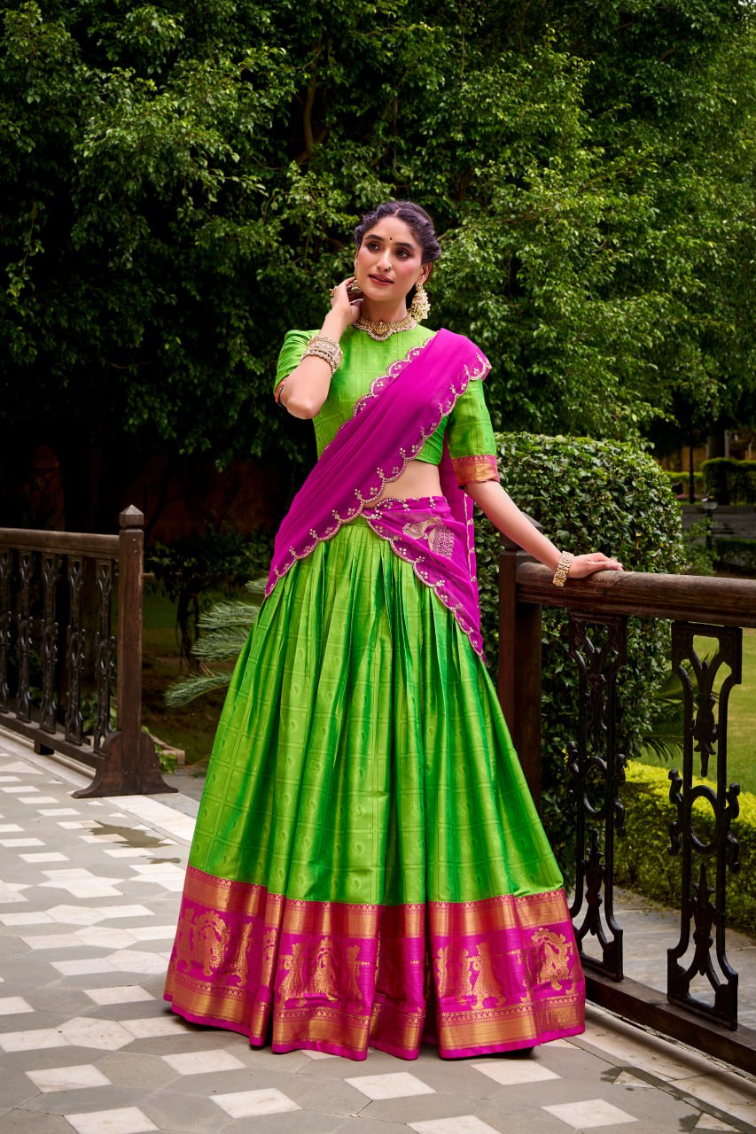 Parrot Green Poly Cotton Zari Weaving Half Saree Lehenga Choli Set