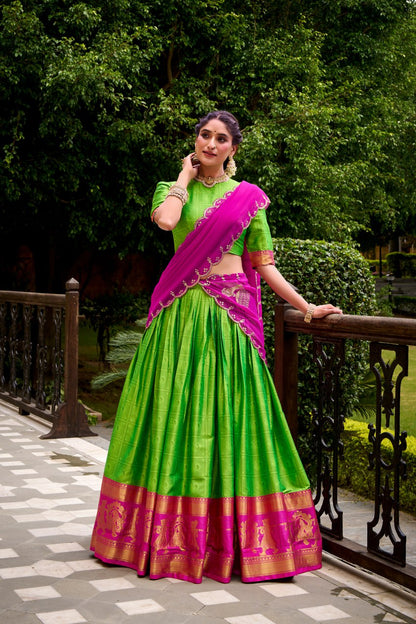 Parrot Green Poly Cotton Zari Weaving Half Saree Lehenga Choli Set